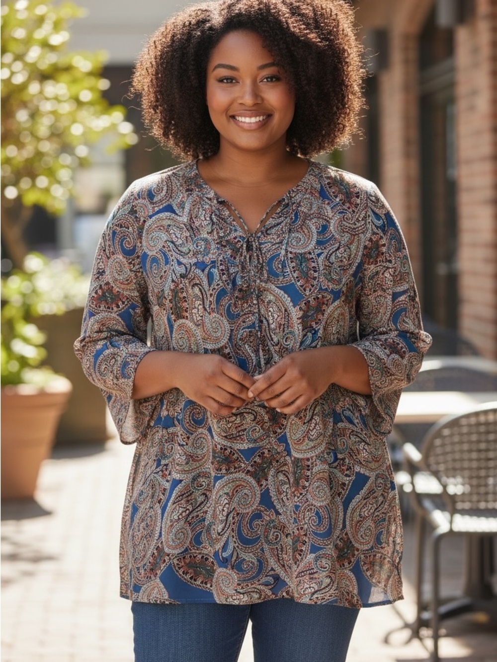 Faded Glory Womens 2X Blue Paisley Print Keyhole Lace Up Tunic Blouse 3/4 Sleeve - Picture 1 of 11
